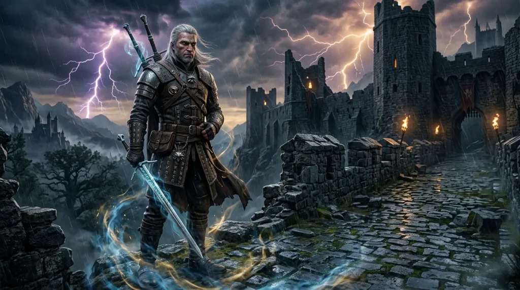 Guerrier en armure avec épée magique bleue, tempête et châteaux.