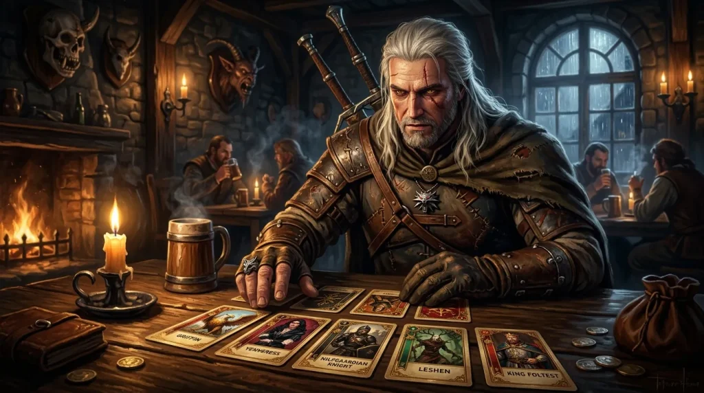 Guerrier blanc aux cartes de tarot dans taverne médiévale