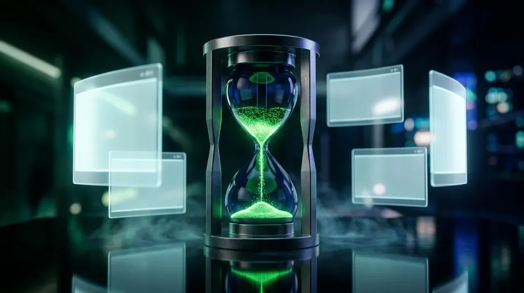 Sablier futuriste vert entouré d'écrans numériques
