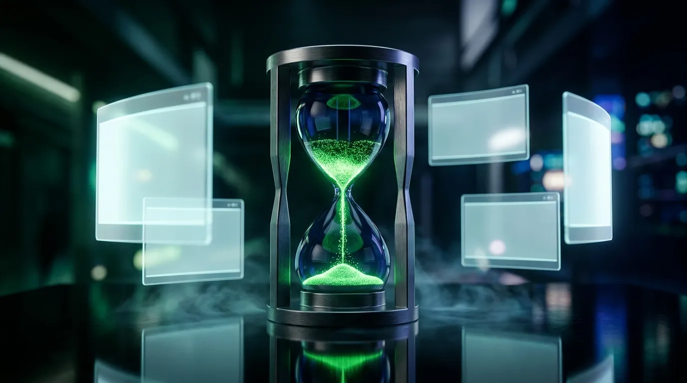 Sablier futuriste vert entouré d'écrans numériques