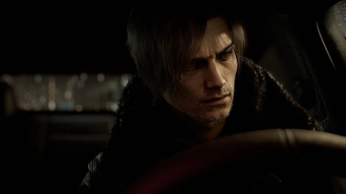 Leon S. Kennedy, plus âgé, au volant d'une voiture de nuit dans Resident Evil Requiem