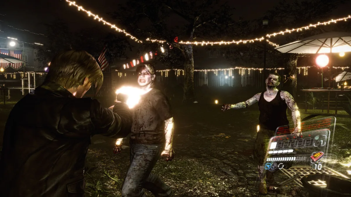 Leon S. Kennedy tirant sur des zombies de nuit sous des guirlandes lumineuses dans Resident Evil 6