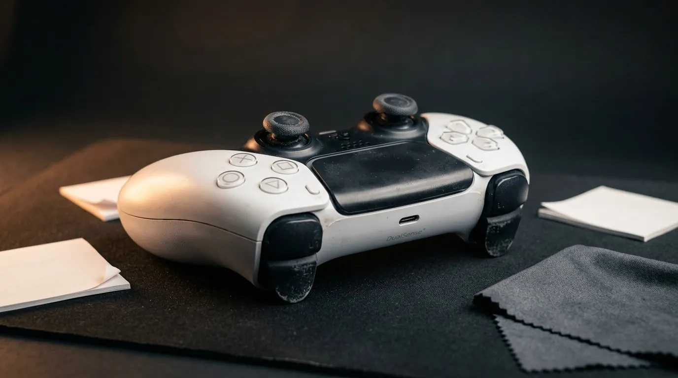 Deux manettes DualSense blanches et noires sur surface sombre