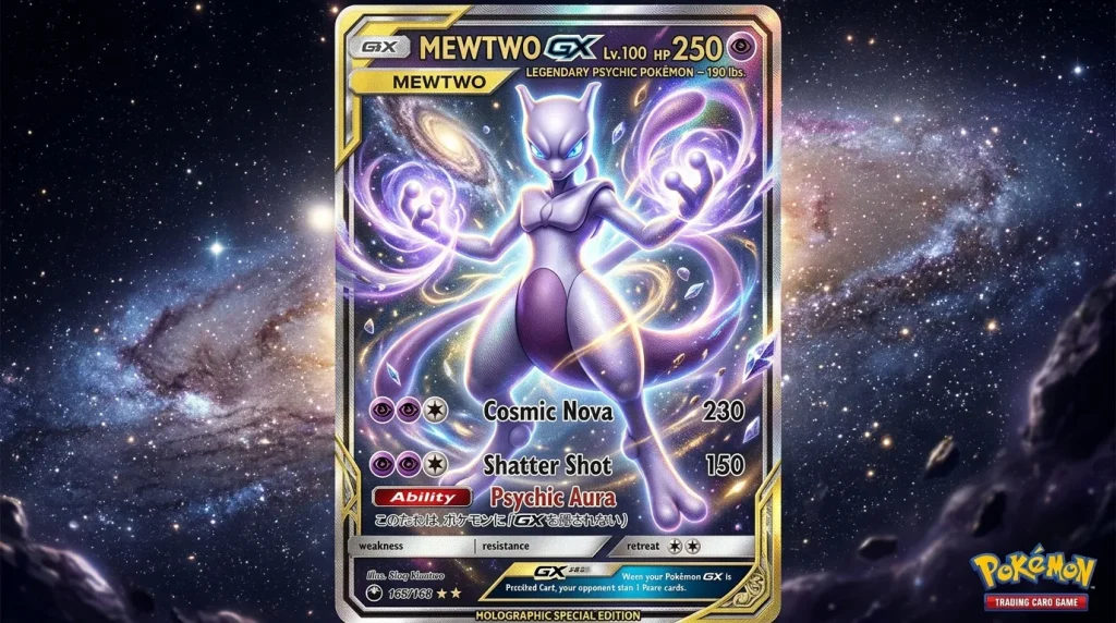 Carte Pokémon Mewtwo GX niveau 100 avec effets psychiques violets