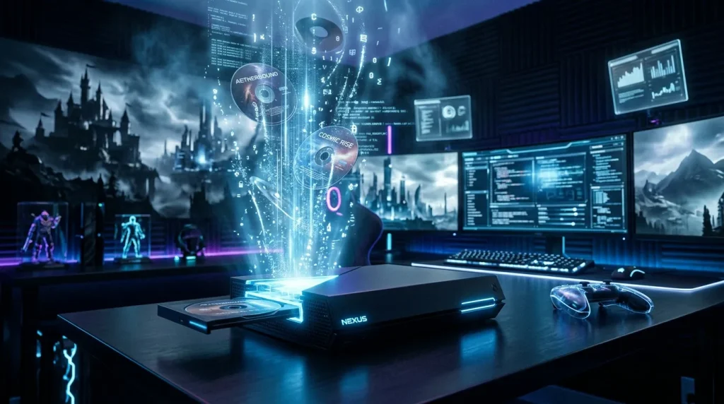 Bureau high-tech avec écrans, hologrammes et interface numérique avancée