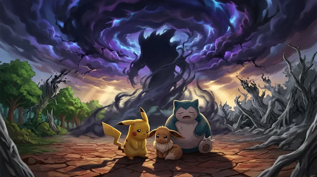 Pikachu, Eevee et Snorlax confrontent une tempête magique violette