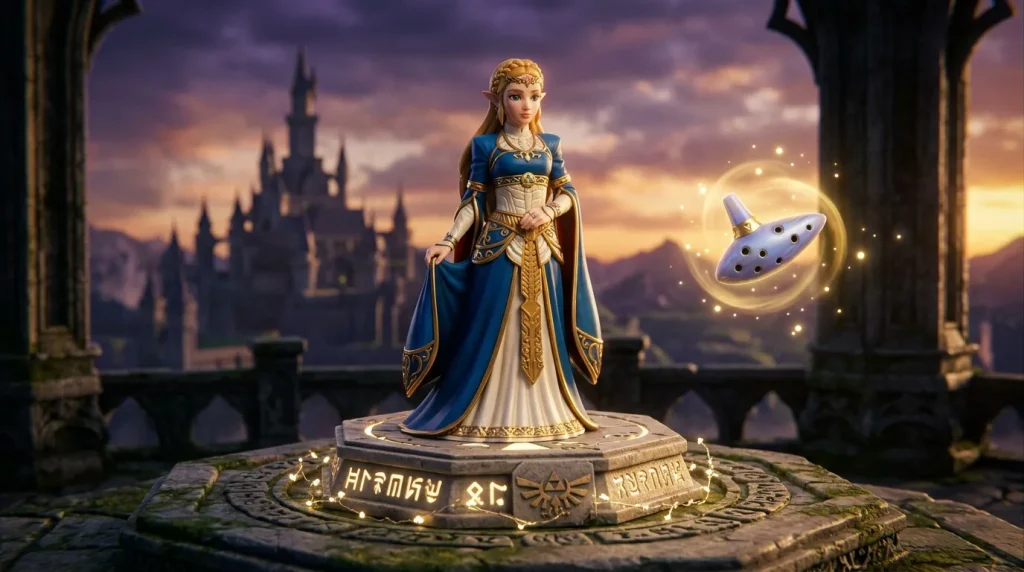 Femme elfe en robe bleue dorée tenant une ocarina magique