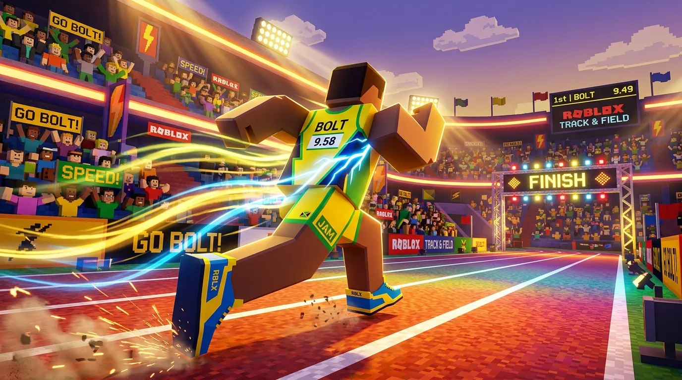 Personnage Roblox en tenue de sprint franchissant la ligne d'arrivée