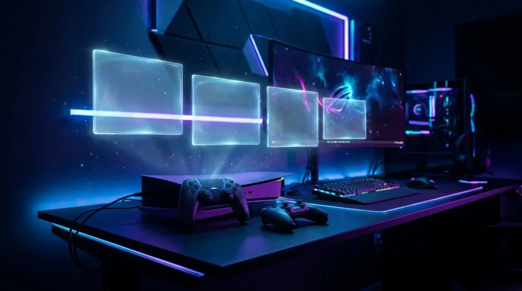 Bureau gaming avec écrans neon, contrôleurs et clavier illuminés