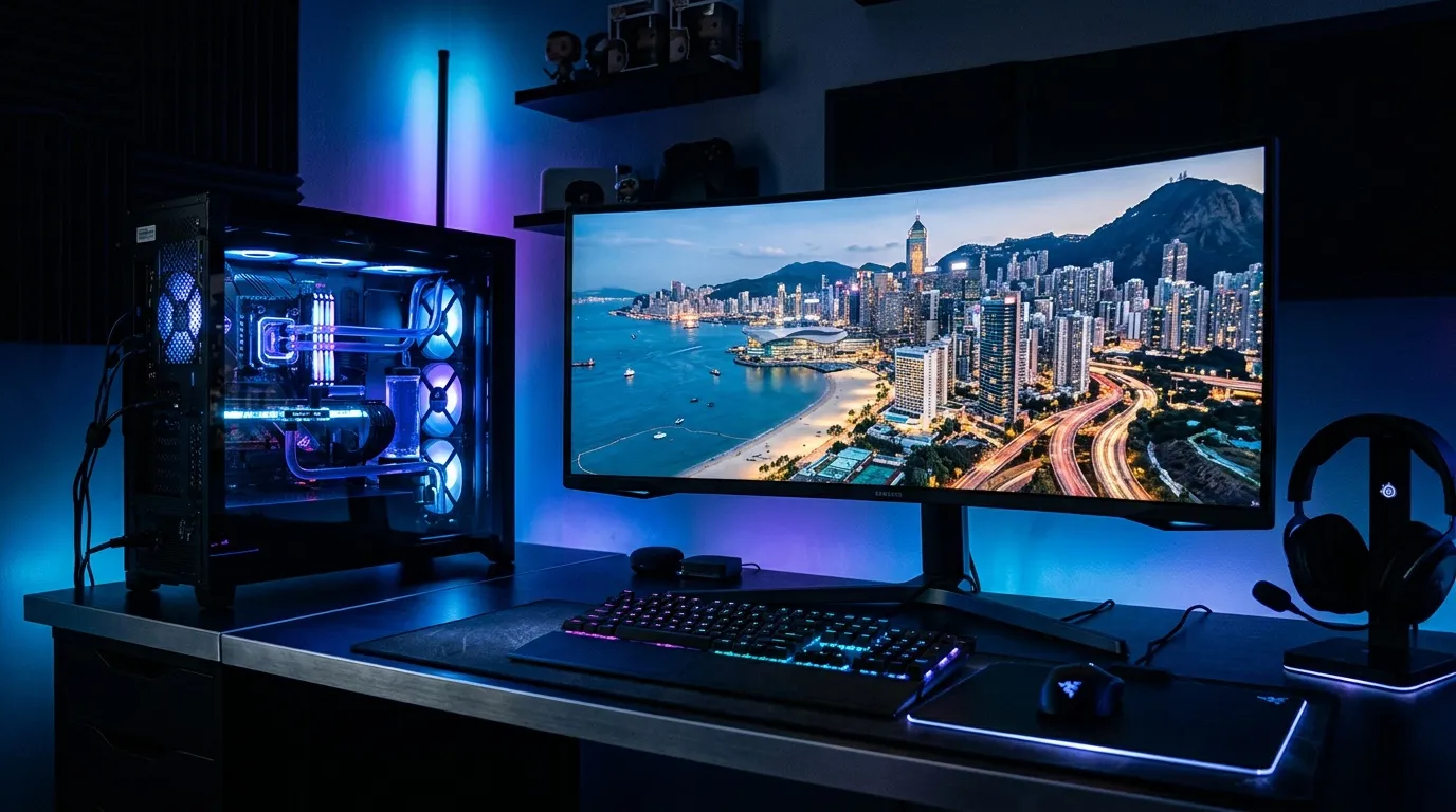 Bureau gaming avec PC RGB, moniteur ultrawide et casque