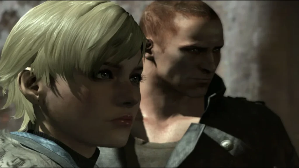 Sherry Birkin adulte, cheveux blonds courts et col en fourrure, aux côtés de Jake Muller dans Resident Evil 6