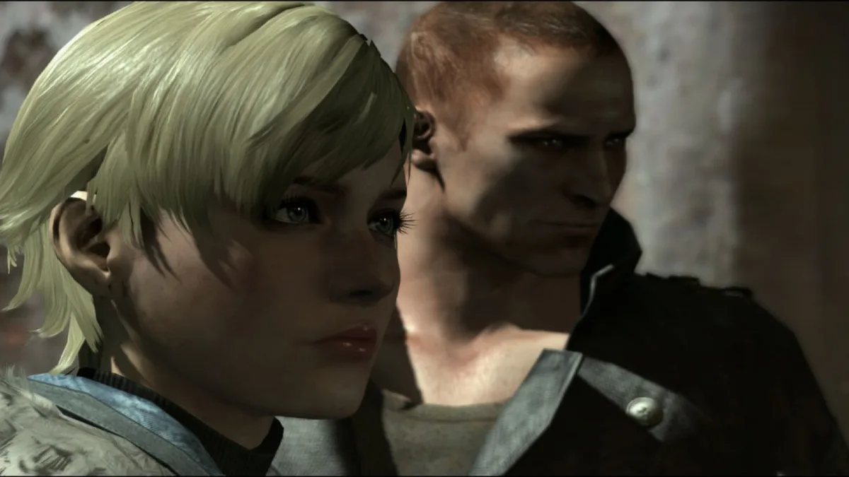 Sherry Birkin adulte, cheveux blonds courts et col en fourrure, aux côtés de Jake Muller dans Resident Evil 6