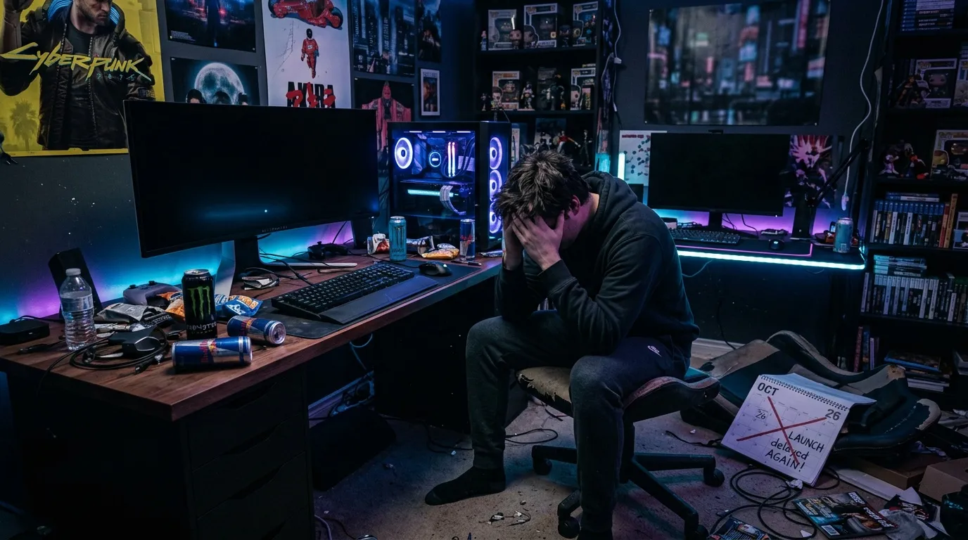 Gamer stressé dans son setup cyberpunk illuminé.