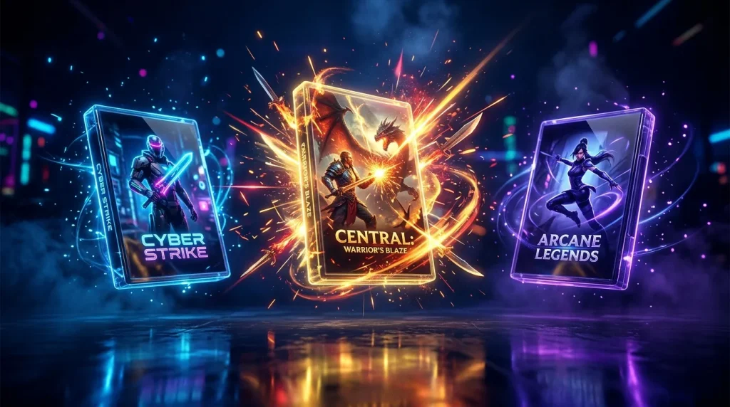 Trois cartes de jeux vidéo brillantes avec effets neon colorés