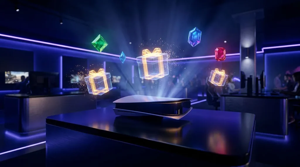 Smartphone affichant des cadeaux et gemmes brillantes holographiques