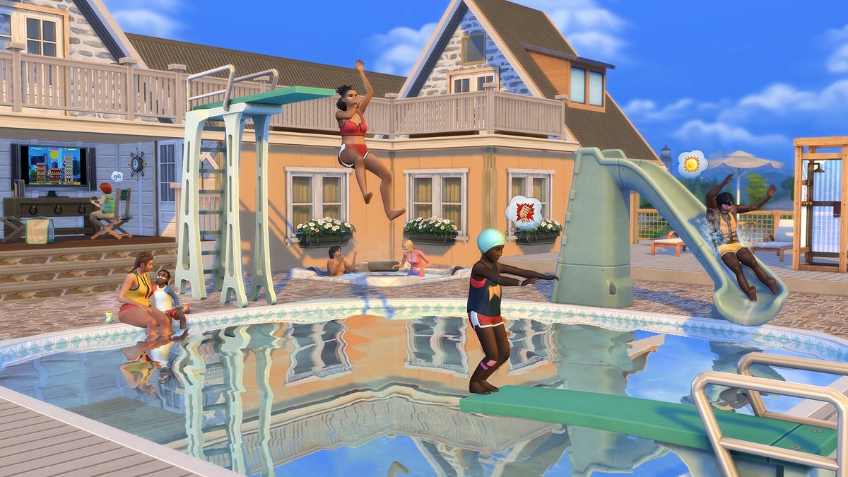 Sims 4 À l'aventure : piscine avec plongeoir et toboggan