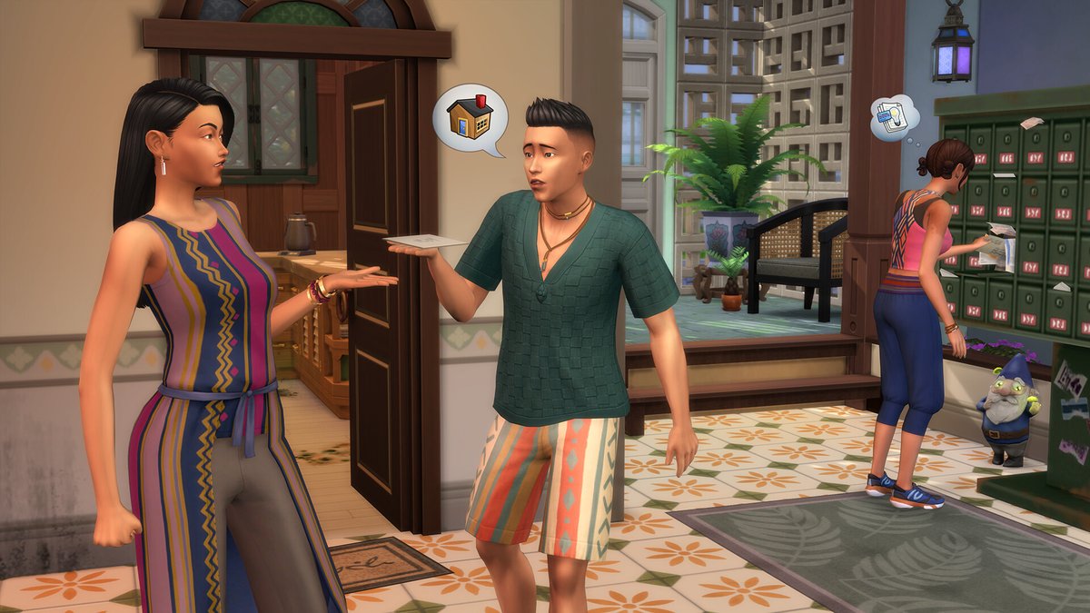 Sims 4 À louer : un propriétaire et des locataires devant une porte