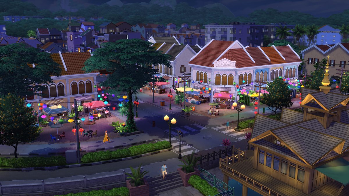 Sims 4 À louer : la place de Tomarang de nuit