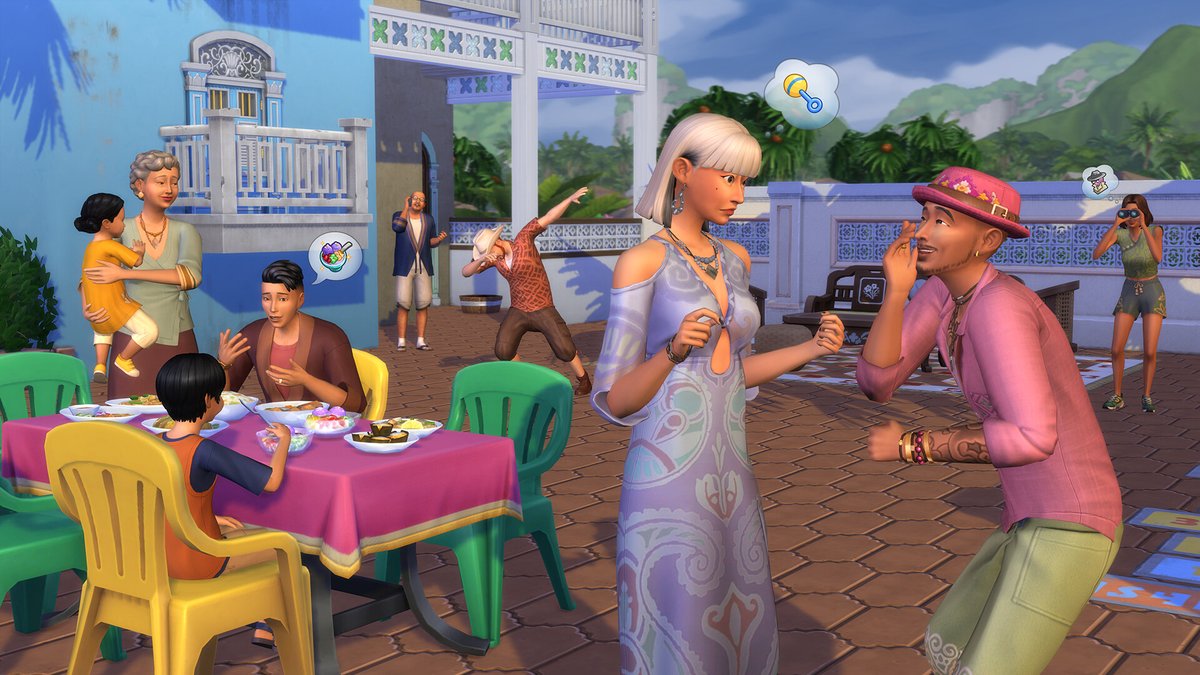 Sims 4 À louer : repas de voisins en terrasse à Tomarang