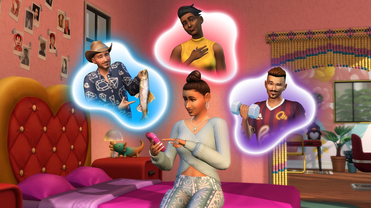 Sims 4 Amour fou : des Sims entourés de bulles de sentiments dans une chambre