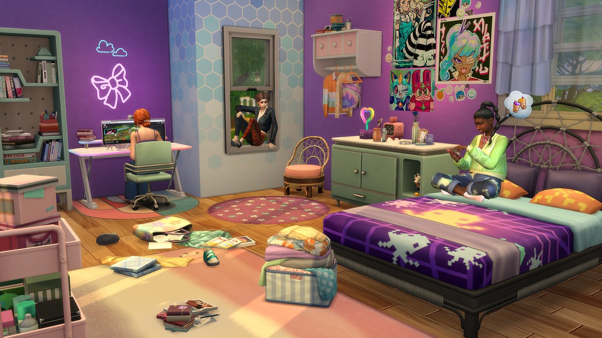 Sims 4 Années lycée : une chambre d'ado colorée avec bureau et lit