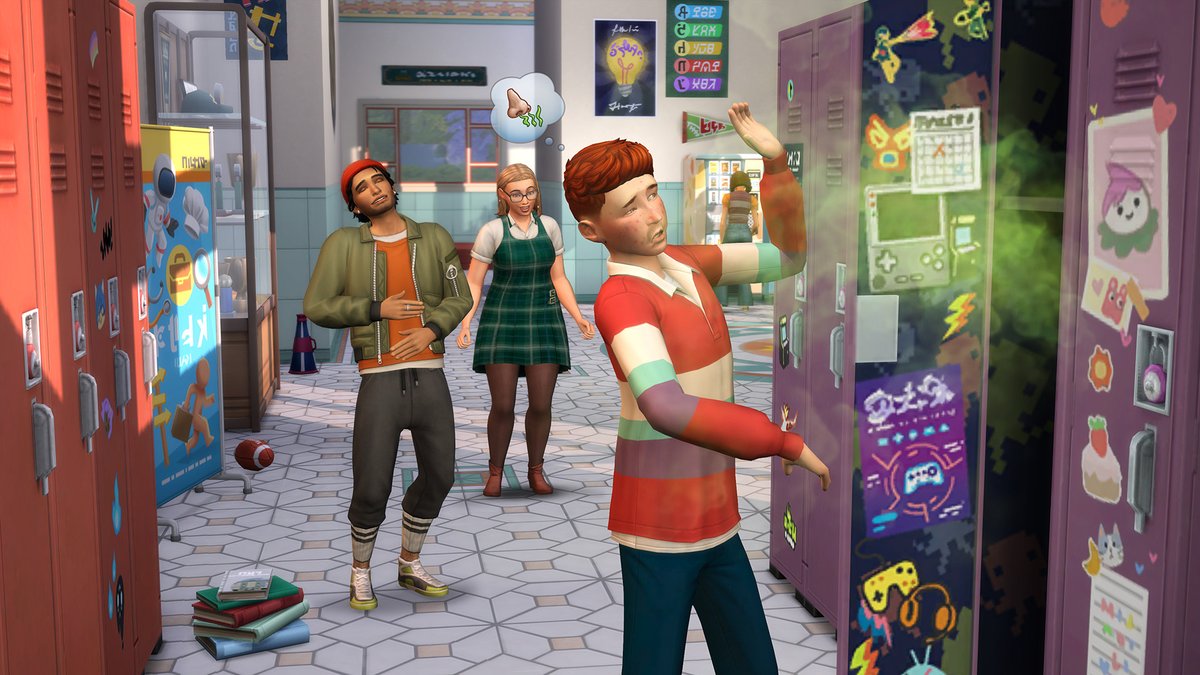 Sims 4 Années lycée : des ados devant leurs casiers dans un couloir du lycée