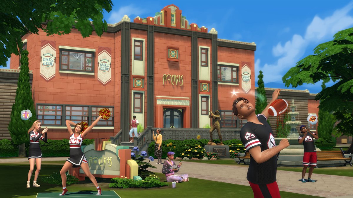 Sims 4 Années lycée : le lycée de Copperdale avec pom-pom girls et joueurs de football