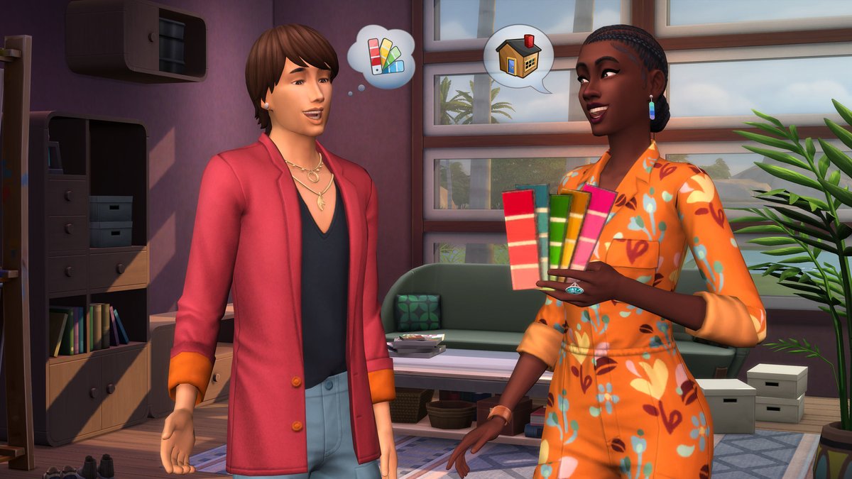 Sims 4 Décoration d'intérieur : une décoratrice montre un nuancier à une cliente