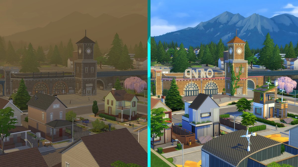 Sims 4 Écologie : Evergreen Harbor sous une empreinte écologique industrielle (ciel brun)
