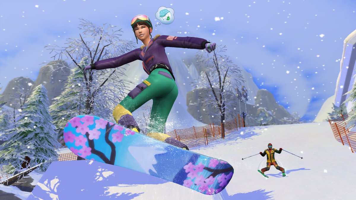 Sims 4 Escapade Enneigée : une Sim fait du snowboard pendant qu'une autre skie