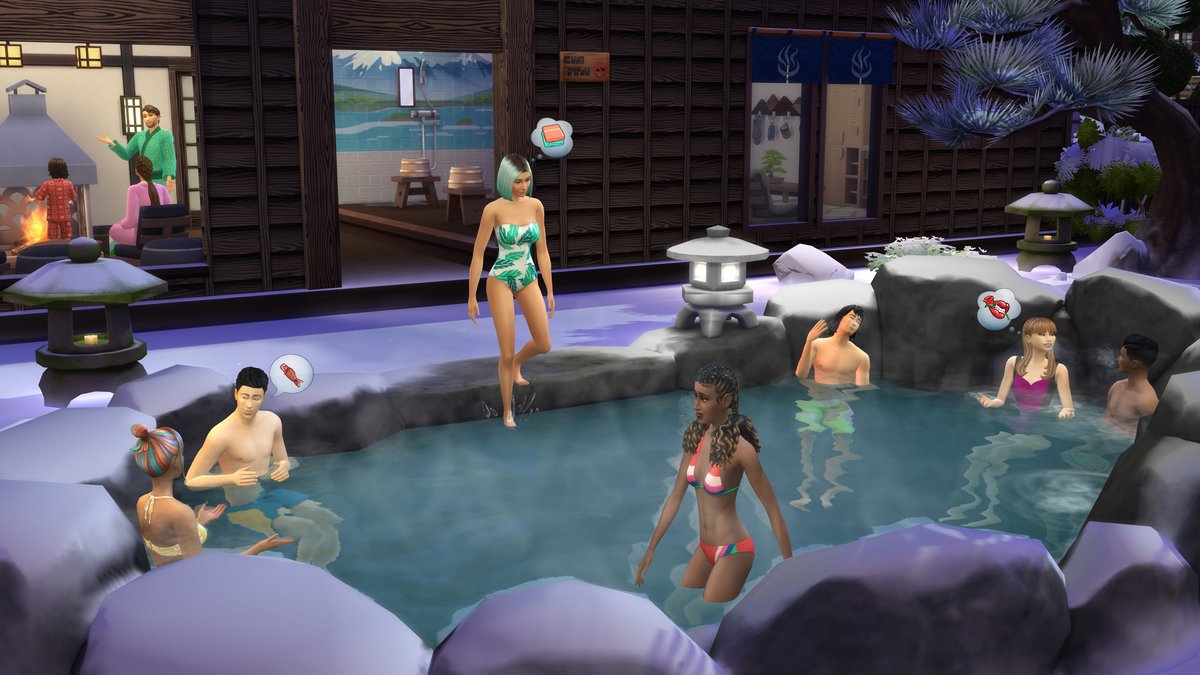 Sims 4 Escapade Enneigée : des Sims se détendent dans des sources chaudes enneigées