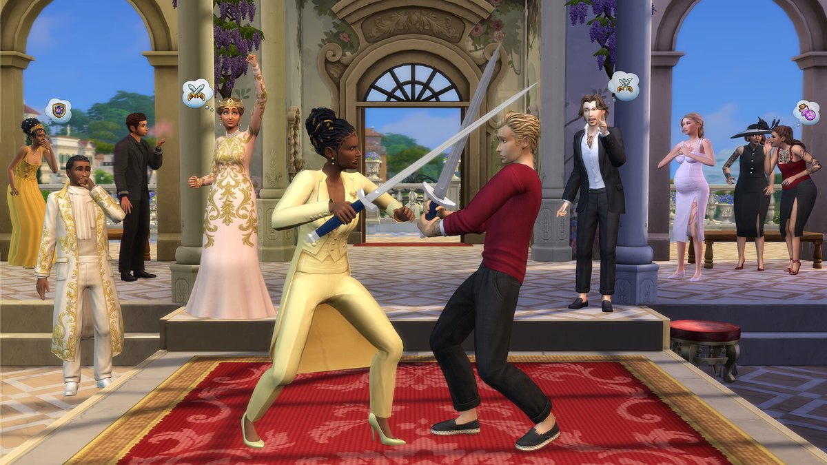 Sims 4 Héritage et Royauté : deux Sims s'affrontent en duel d'escrime lors d'un bal
