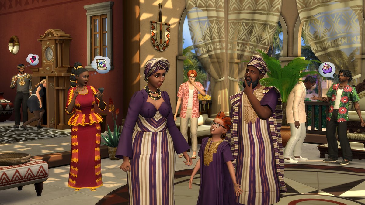 Sims 4 Héritage et Royauté : une famille dynastique en tenues traditionnelles dans un salon