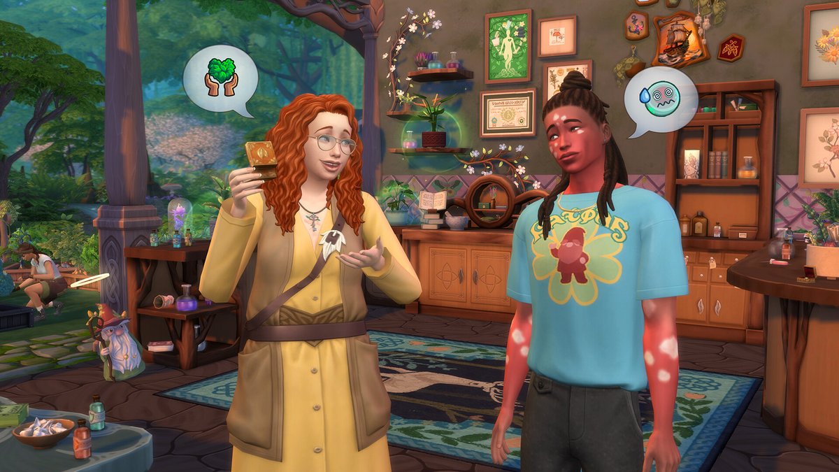 Sims 4 Nature enchantée : deux Sims dans une boutique d'apothicaire
