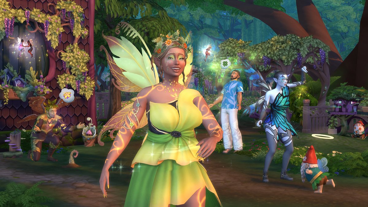 Sims 4 Nature enchantée : une fée aux ailes colorées entourée d'autres Sims