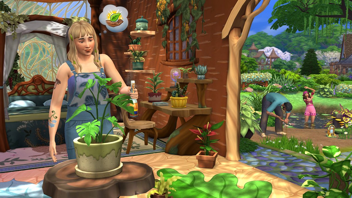 Sims 4 Nature enchantée : une Sim s'occupe de plantes dans une cabane