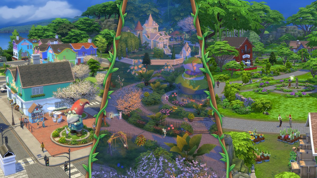 Sims 4 Nature enchantée : vue aérienne d'un village fleuri
