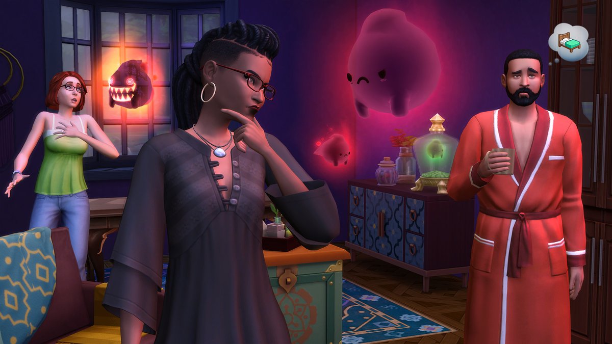 Sims 4 Paranormal : des Sims face à des fantômes dans un salon sombre