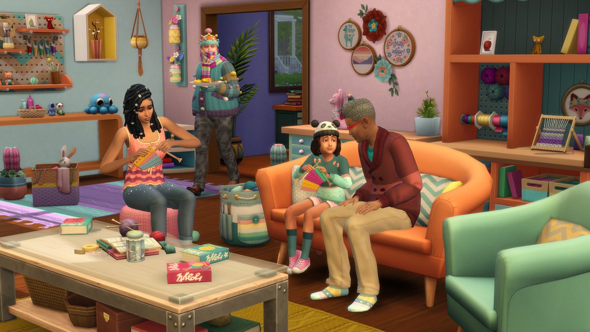 Sims 4 Tricot de pro : une famille tricote dans un salon coloré