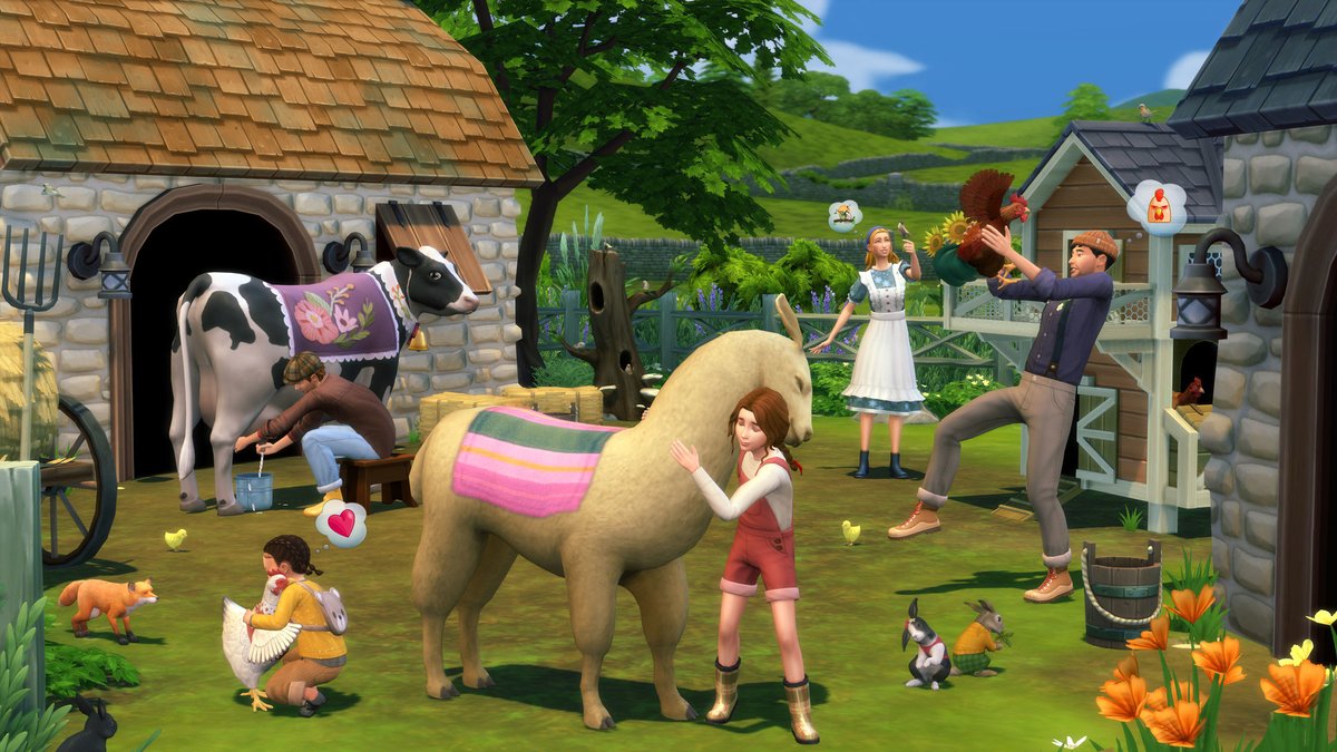 Sims 4 Vie à la Campagne : vache, lama et poules dans la cour de ferme
