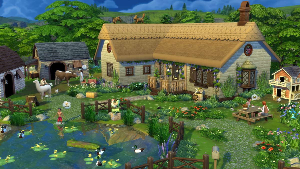Sims 4 Vie à la Campagne : une chaumière avec sa mare et ses animaux à Henford-on-Bagley