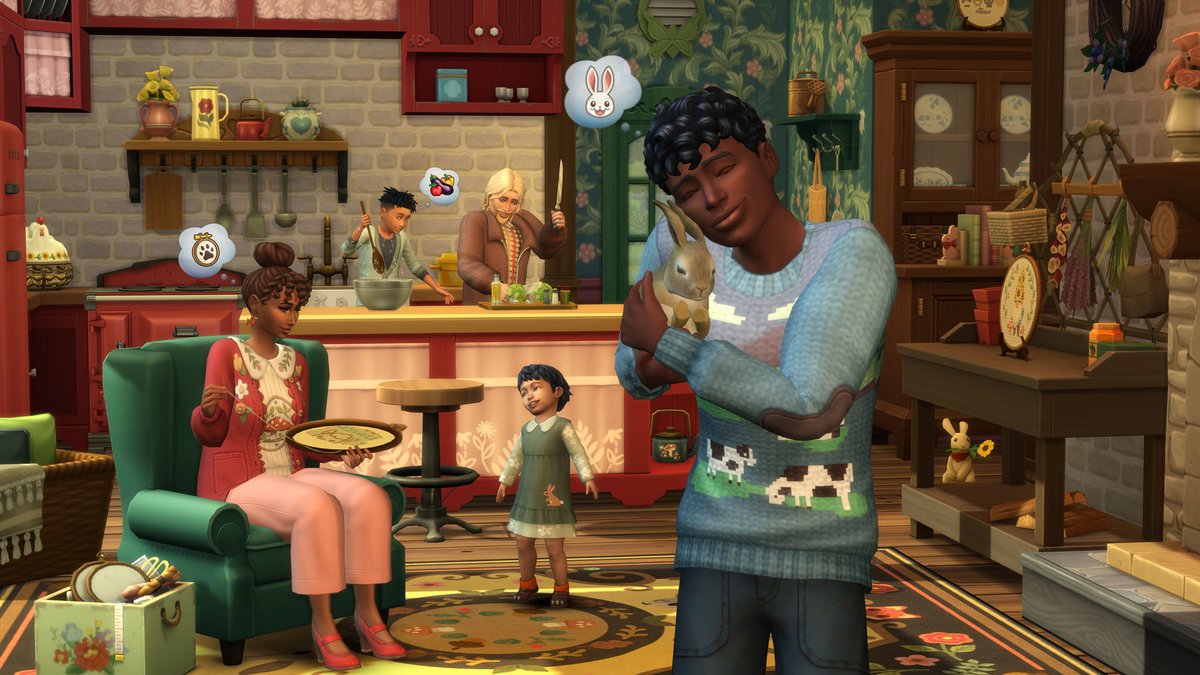 Sims 4 Vie à la Campagne : une famille dans une cuisine rustique avec un lapin