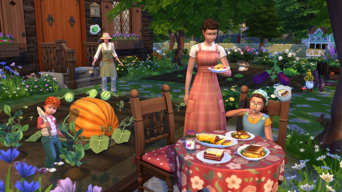 Sims 4 Vie à la Campagne : jardin potager avec une citrouille géante et un repas en famille