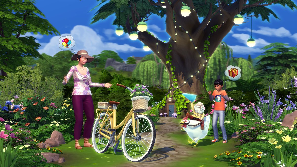 Sims 4 Vie à la Campagne : balade à vélo et poule dans un jardin fleuri