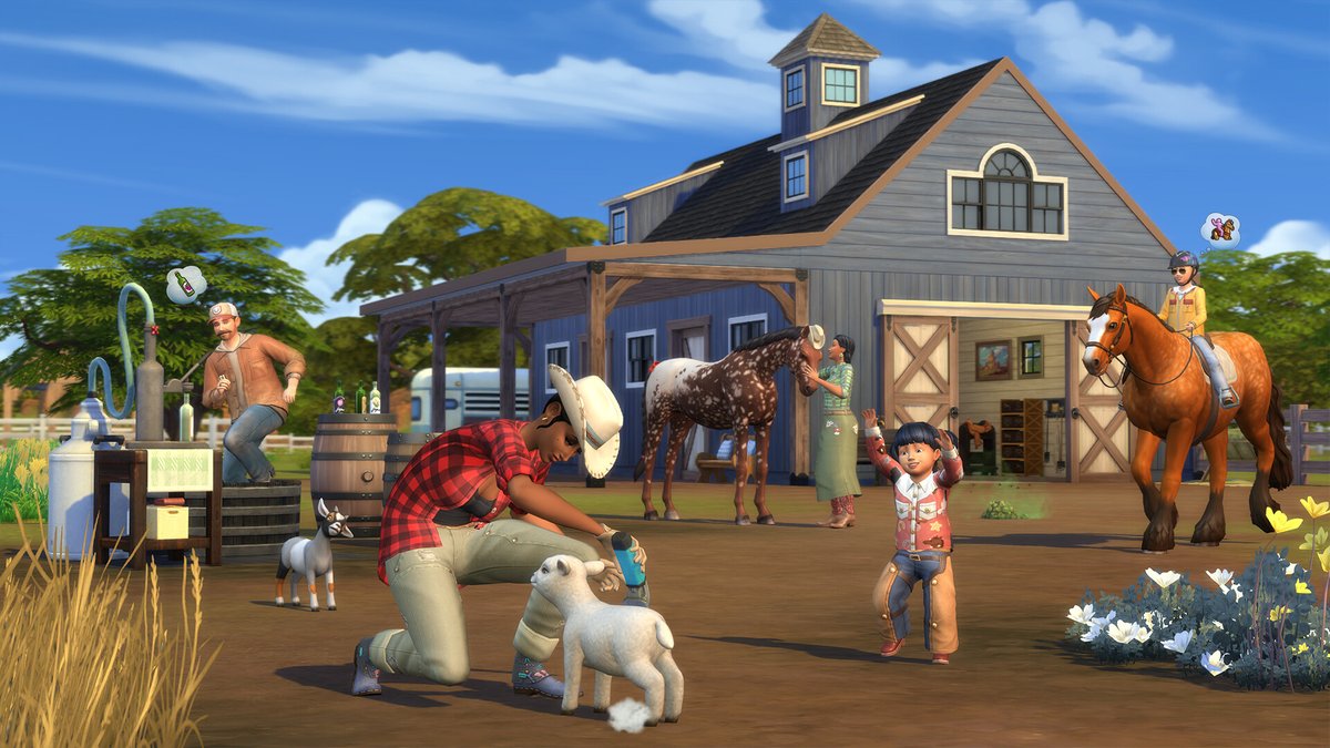 Sims 4 Vie au ranch : des Sims s'occupent de chevaux devant une écurie